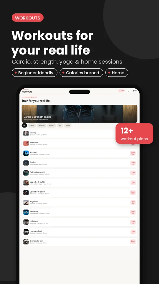 CALIVO AI workout library with calories burned