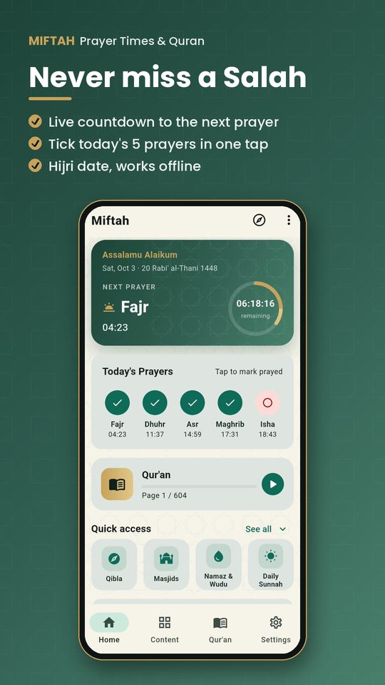 Miftah home screen with next prayer countdown and today's 5 prayers